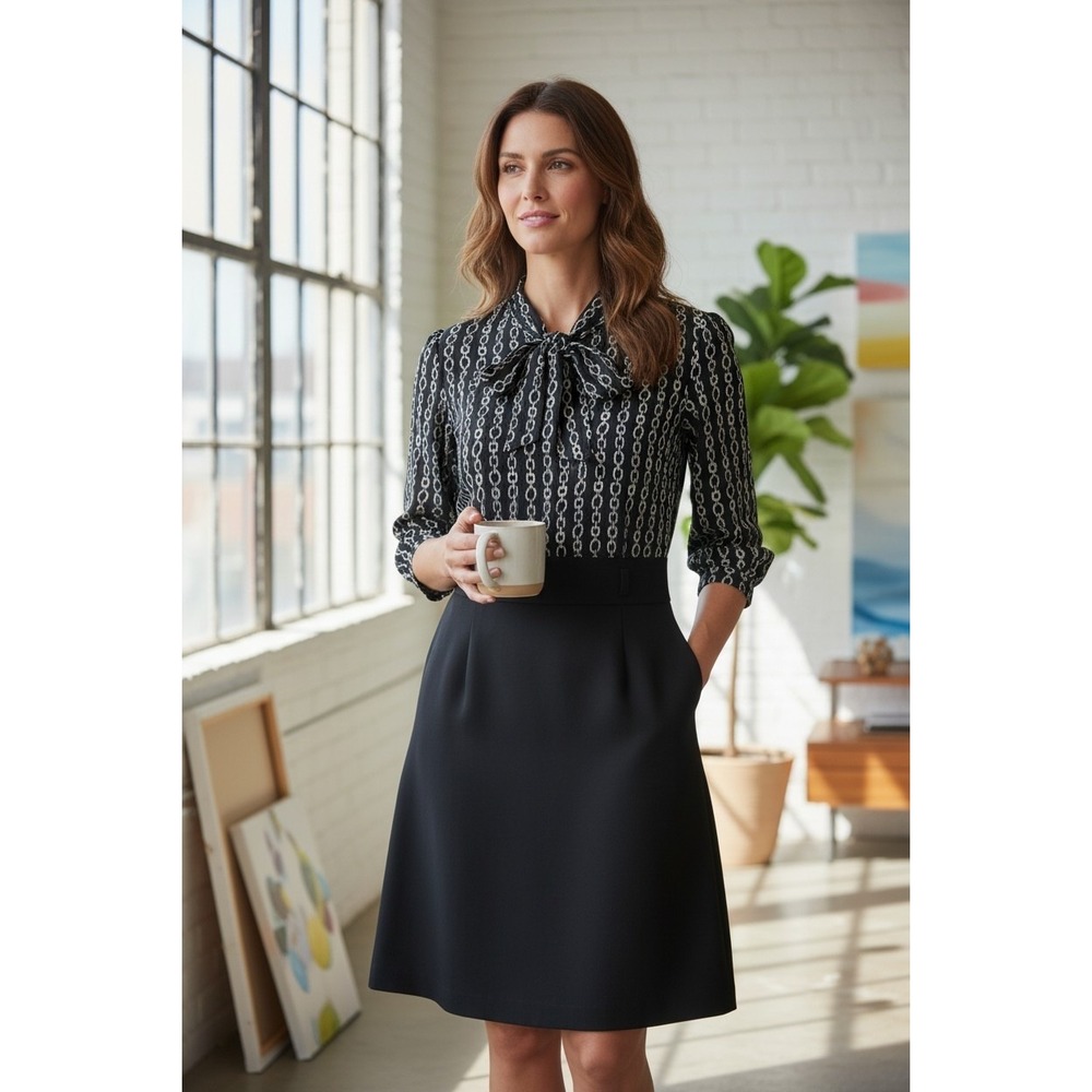 Trina Turk Silk Midi Dress Career Wedding Guest Black Bow Party Size 8 Church